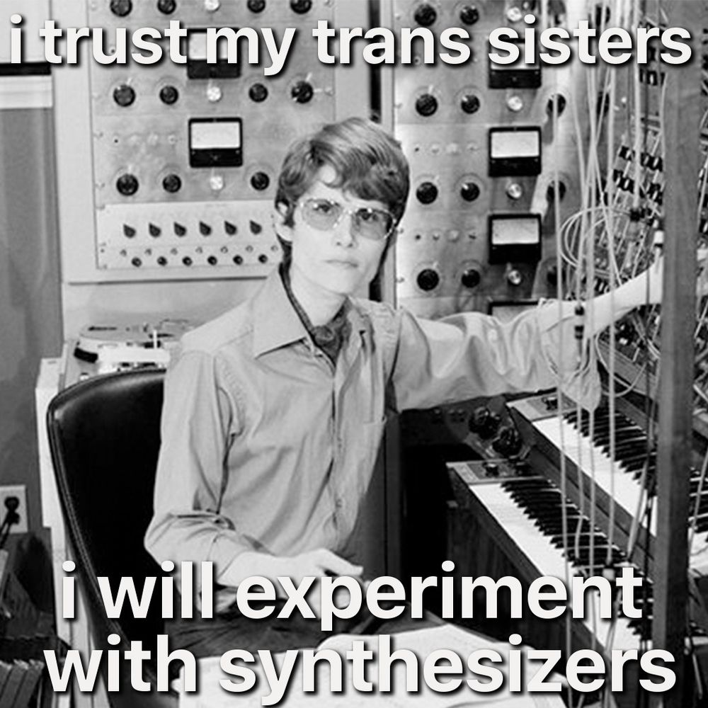 photograph of Wendy Carlos, a transgender woman and pioneer of the synthesizer in the 1960s. the text reads “i trust my trans sisters. i will experiment with synthesizers” 