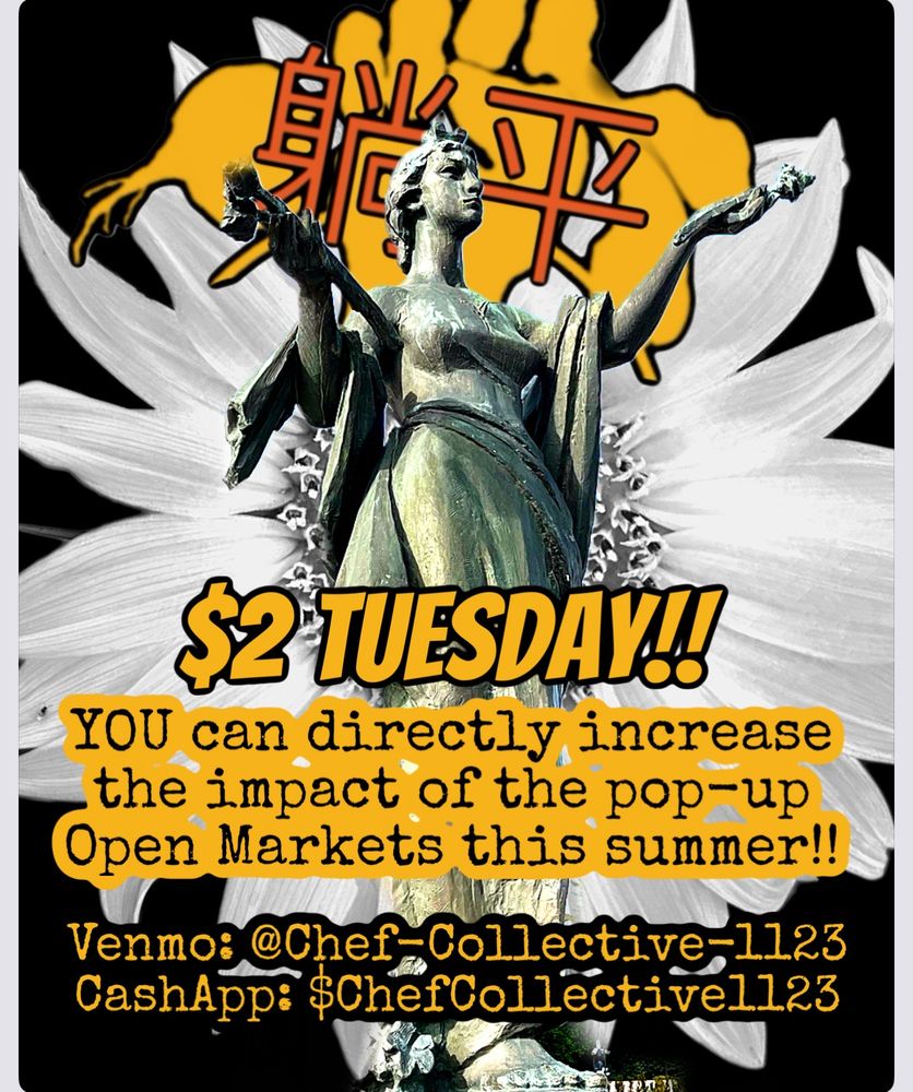 S2 TUESDAI!!
YOU can directly increase the impact of the pop-up Open Markets this summer!!
Venmo: @Chef-Collective-1123
CashApp: $ChefCollective1123