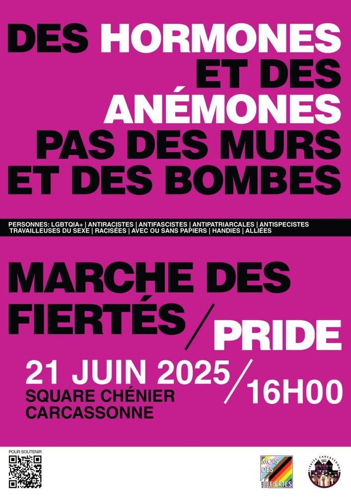 Affiche de la Pride de Carcassonne.
"Des hormones et des anémones, pas des murs et des bombes."
21 juin 2025 16h Square Chénier Carcassonne.