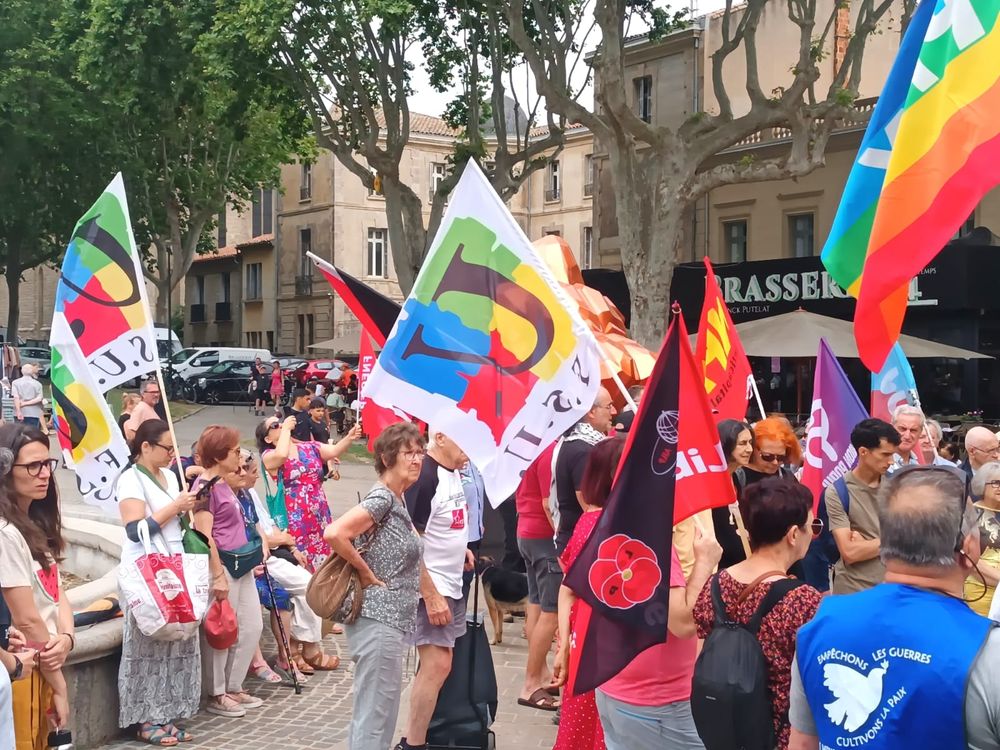 Rassemblement avec des drapeaux des organisations.