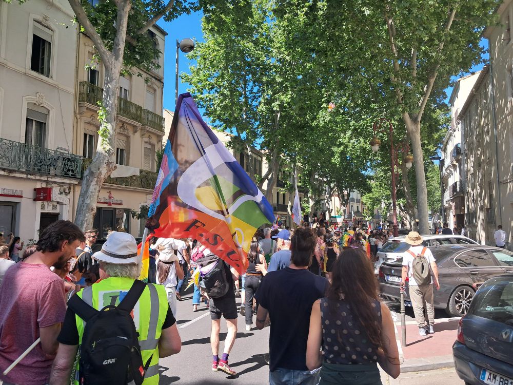 Manifestation avec un drapeau FSU arc-en-ciel.