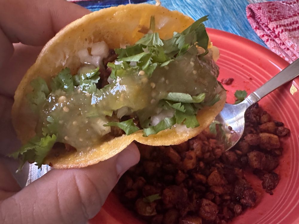 An orange plate is on the background, filled with dark red diced potatoes with soyrizo. A left hand is on the forefront, showing a quesadilla stuffed with a couple of spoonfuls of the papas con soyrizo mix, a sprinkle of diced onions and cilantro, and finished topped with bright salsa verde.

The morning was by no means bad but this meal improved the day.
