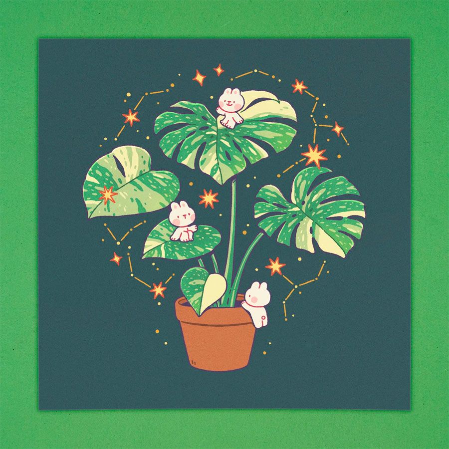 Art print depicting a potted Monstera Thai Constellation plant surrounded by small constellations. Several bunnies are climbing on the plant.