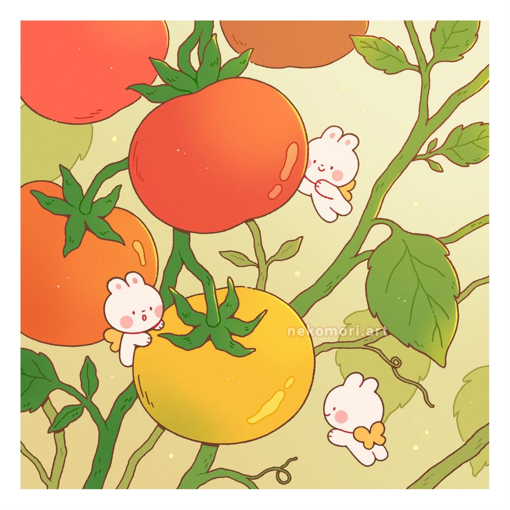 Illustration depicting a ripening tomato vine in the morning light, surrounded by three tiny winged bunnies.