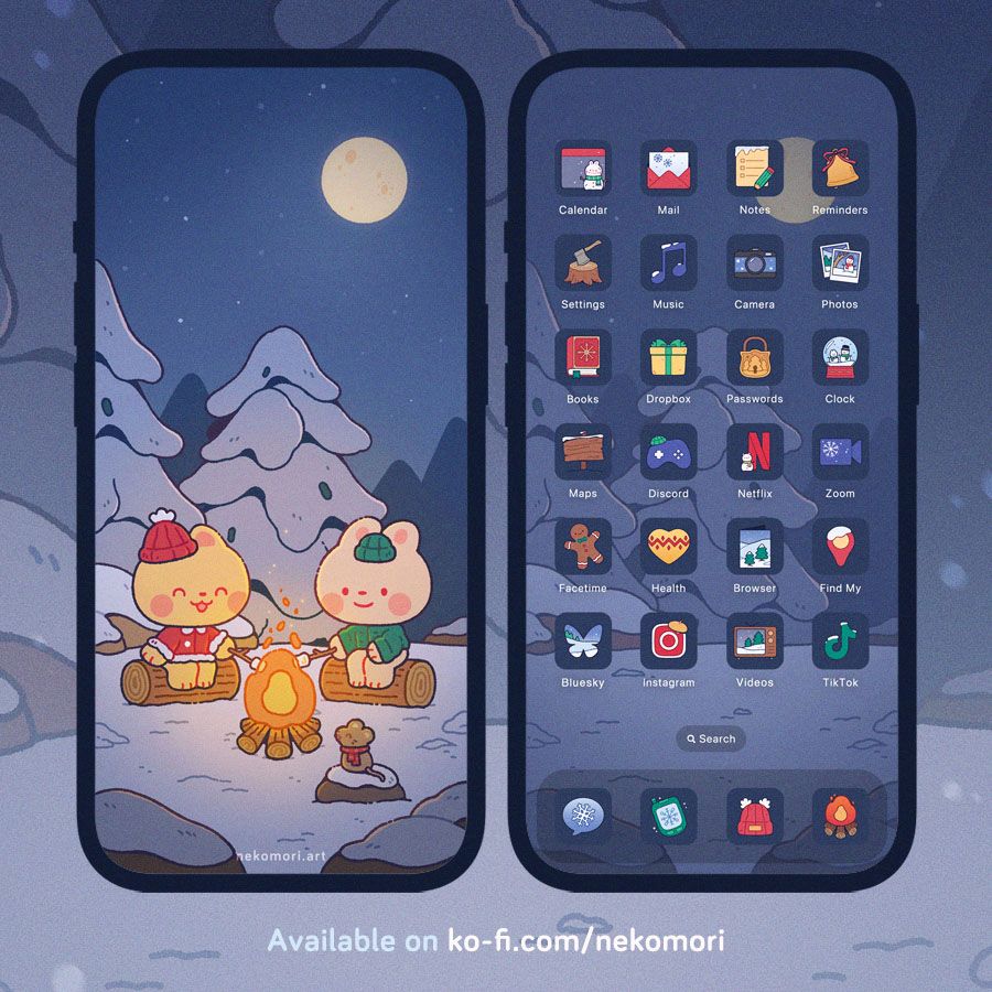 Mock up of a phone wallpaper and icon set called "Crackling Campfire". The Lock screen depicts a bunny, a cat, and a mouse dressed in winter coats, hats, and scarves sitting around a campfire in the middle of a snowy landscape, roasting marshmallows. The Home screen shows various winter-themed icons. Text on image: available on ko-fi.com/nekomori