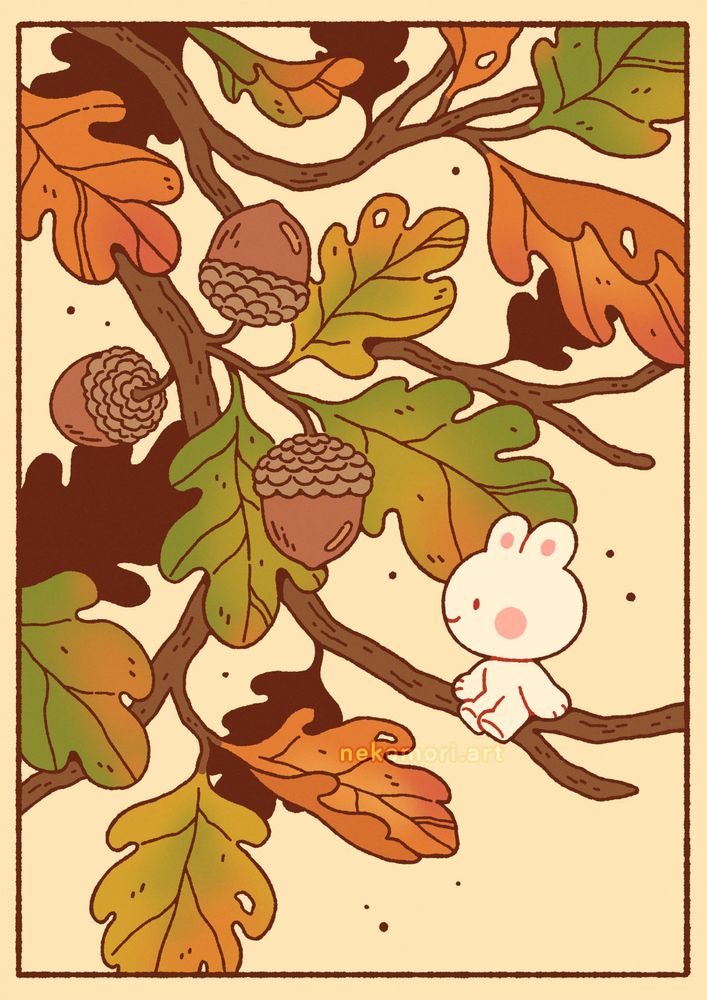 Illustration depicting a small bunny sitting alone on an oak branch, their head turned to the side and smiling. The leaves on the branch are turning orange/brown with the season and softly fluttering in the wind.