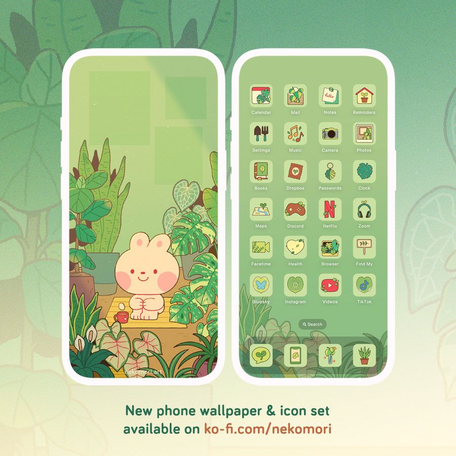 Mock up of a phone wallpaper and icon set titled "Happy Place". The Lock screen depicts a bunny in a small, sunlit room and surrounded by houseplants. The bunny sits with a cup of tea on a small rug, smiling happily. The Home screen shows various plant-themed icons. Text on image: new phone wallpaper and icon set available on ko-fi.com/nekomori