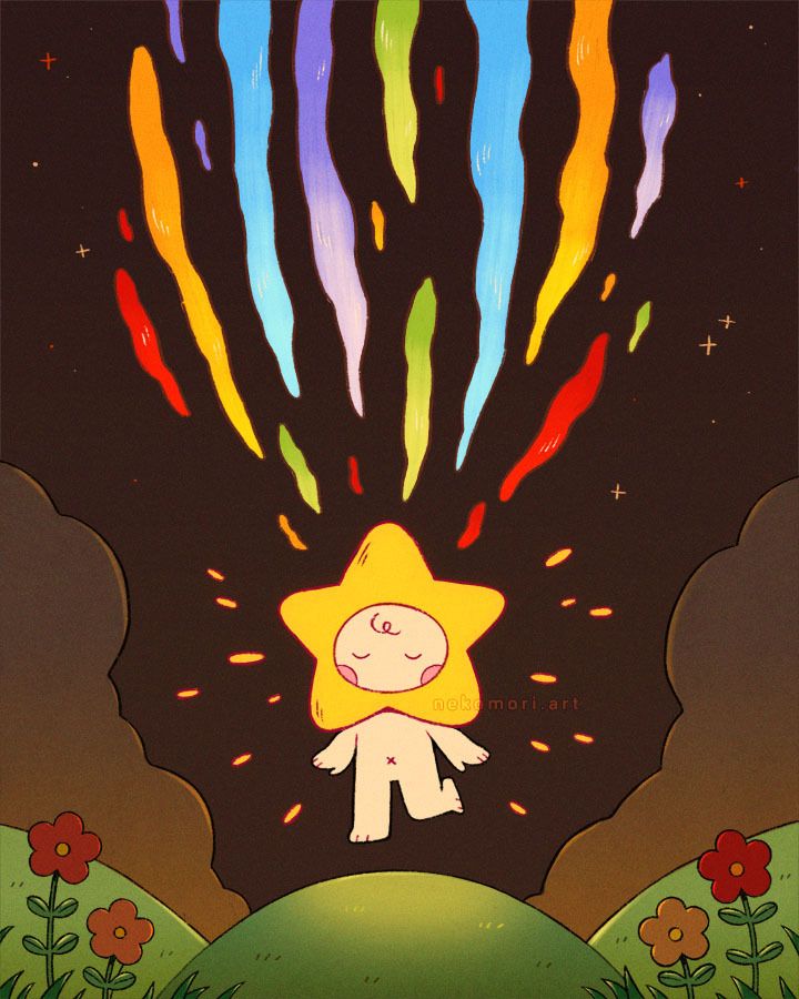 Illustration of an anthropomorphic star descending down on grassy hills, leaving behind colorful streaks in the night sky.