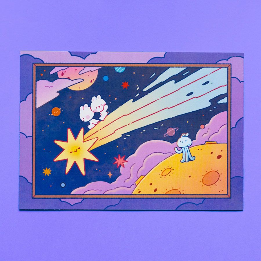 Art print titled "Passerby", depicting two bunnies riding on the tail of a shooting star as it passes over a small planet. The bunny on the back is waving to a jellyfish-like alien creature on the surface of the planet.