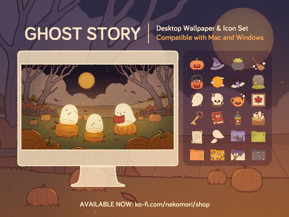 Mock-up of a desktop wallpaper and icon set called Ghost Story. The wallpaper depicts three ghosts in a pumpkin patch at nighttime. One of the ghosts is reading a story while the other two listen nervously. The icon set consists of 24 Halloween-themed icons.