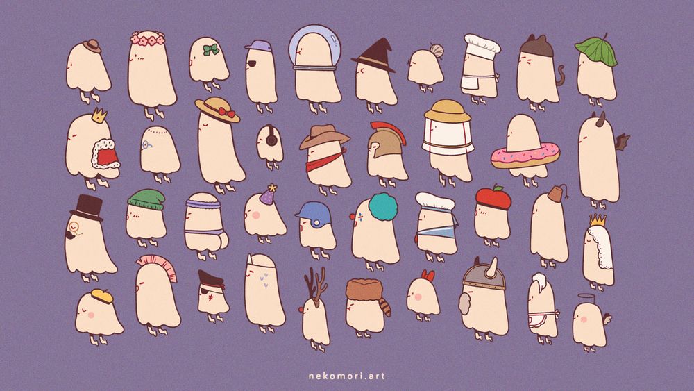 Illustration depicting a crowd of sheet ghosts, dressed in various head gears and/or clothing articles. Some notable ones are a moustachioed ghost in a top hat and monocle, a cheeky ghost sporting a fitness headband, and a ghost in clown wig and nose.