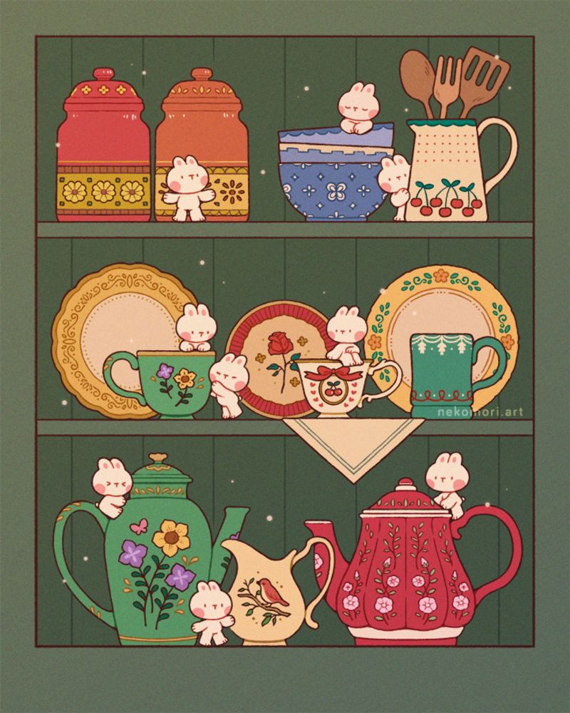 Illustration depicting a three-tiered wooden cabinet containing rainbow-colored kitchenware decorated with floral motifs. There are teeny tiny bunnies running around the shelves, climbing onto the plates and cups and generally having a good time.