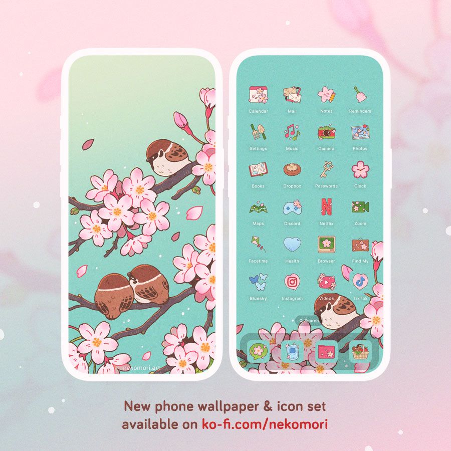 Mock up of a phone wallpaper and icon set titled "Early Spring". The Lock screen depicts three small, round sparrows perched among clusters of cherry blossoms. The sky in the background is clear save for several petals flying in the breeze. The Home screen shows various Spring-themed icons. Text on image: new phone wallpaper and icon set available on ko-fi.com/nekomori
