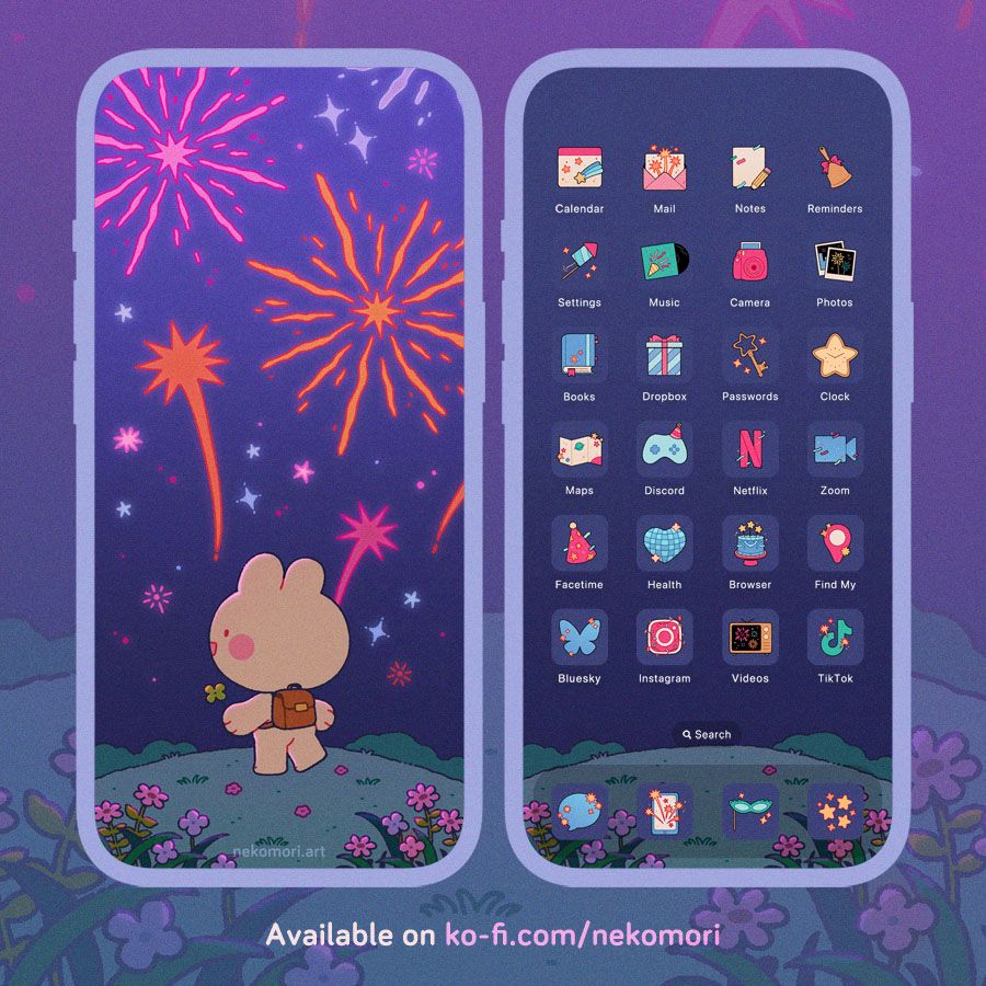 Mock up of a phone wallpaper and icon set titled "Dazzling View". The Lock screen features a bunny standing on a small hill and looking at the fireworks in the night sky. The bunny holds a four-leaf clover in one hand and has a small backpack. The Home screen features icons inspired by the new year theme. Text on image: available on ko-fi.com/nekomori