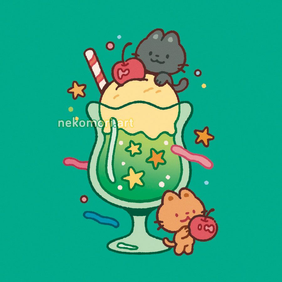 Illustration depicting a glass of melon soda topped with a scoop of vanilla ice cream and a red cherry, and served with a striped straw. There is a tiny black cat climbing on the ice cream while another equally tiny orange cat stands next to the glass, holding a cherry. Small stars and colorful squiggles decorate the illustration.