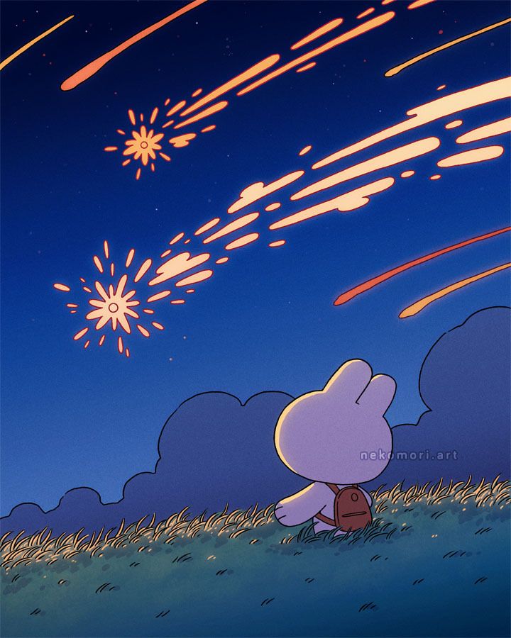 Illustration depicting a bunny with a backpack standing waist-deep in a grassy field, looking up at a sky lit up by meteor showers.