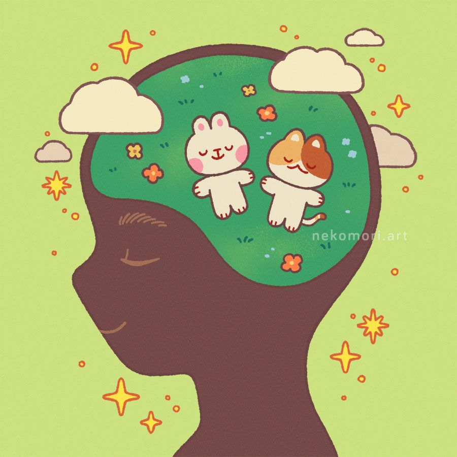 Illustration depicting a darkened side profile of a person from the shoulders up, smiling with their eyes closed and surrounded by small stars and sparkles. The top portion of their head is partially covered by clouds and filled with a picture of a white bunny and a calico cat lying peacefully in a grassy field.