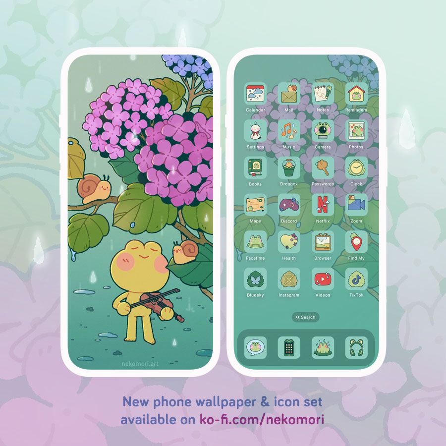 Mock up of a phone wallpaper and icon set titled "Rainfall Sonata". The Lock screen depicts a small frog playing a violin underneath a flowering hydrangea bush while two snails listen and the rain falls around them. The Home screen shows various frog-themed icons. Text on image: new phone wallpaper and icon set available on ko-fi.com/nekomori