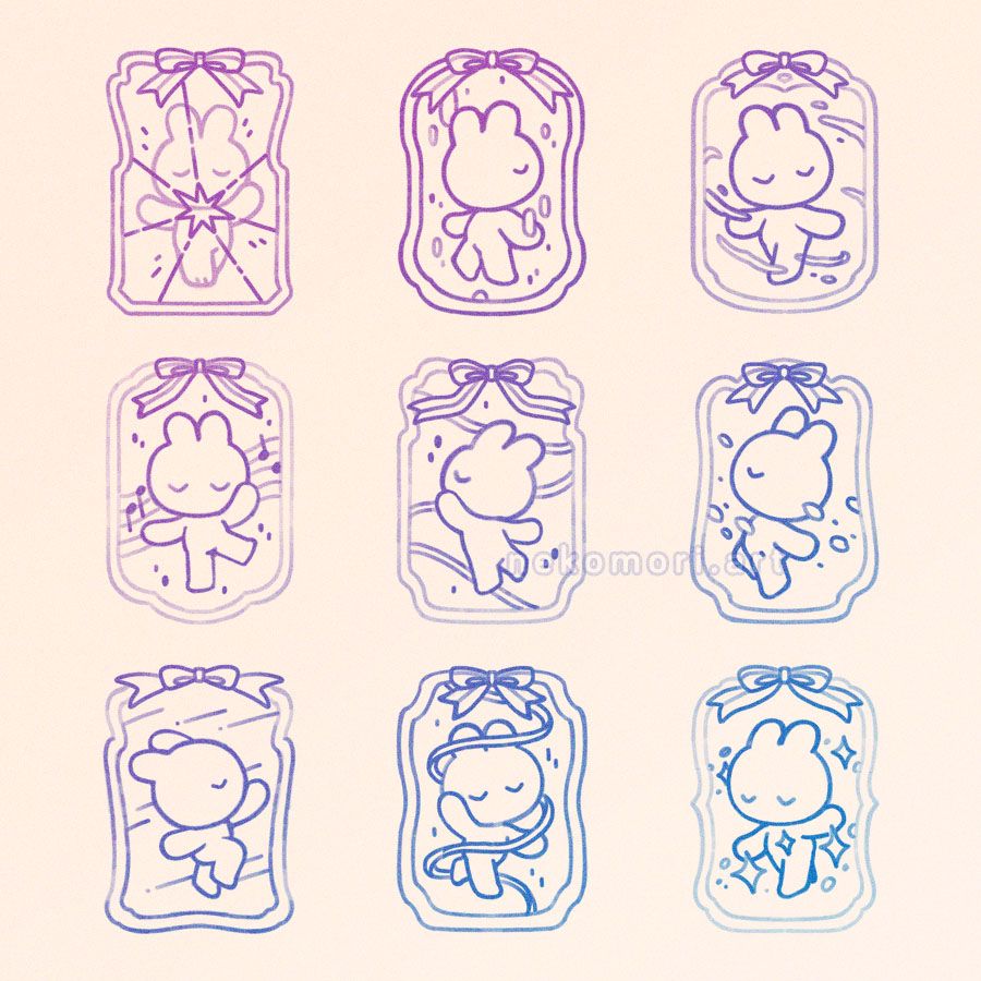 A 3x3 grid showing sketches from my washi tape "Prism Ballet". Each sketch depicts a bunny striking a pose while surrounded by particle effects, just like a magical girl undergoing a transformation. The sketch is contained in a frame decorated with a ribbon at the top.