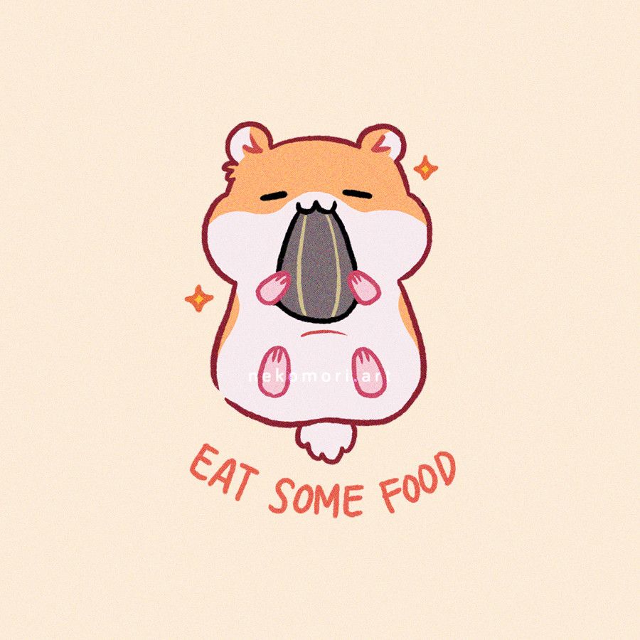 Illustration depicting a hamster chewing on a sunflower seed with the text "Eat Some Food"