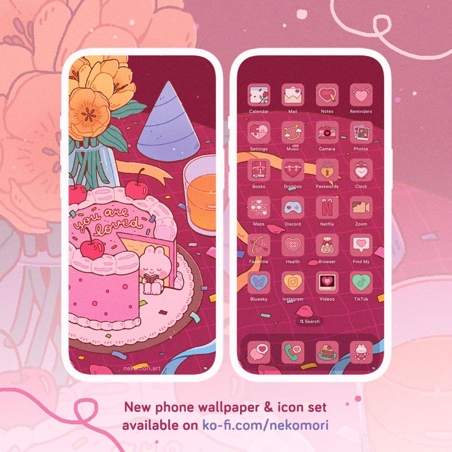 Mock up of a phone wallpaper and icon set titled "Celebration". The Lock screen shows a pink cake surrounded by confetti and party wares. The top of the cake is decorated with cherries and the words "You are loved" in yellow frosting. Someone has taken a slice of the cake and a tiny bunny sits in the empty space, peacefully reading a book. The Home screen shows various icons depicting love and heart-related imagery.