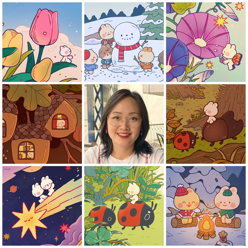 A 3x3 grid showing a photo of me, a Chinese-indonesian artist with shoulder-length hair and glasses, surrounded by some of the things I drew this year, which are mostly small creatures frolicking in nature.