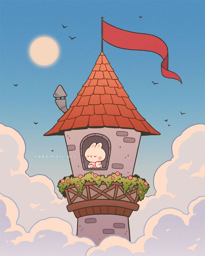 Illustration depicting a tower rising above the clouds with birds flying in the distance. A lone bunny sits in the tower's window with a hand on their chin, looking pensive. A flag can be seen waving on the top of the tower.