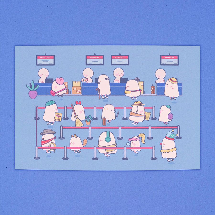 Art print depicting ghostly figures waiting in line at a row of check-in counters. The ghosts are wearing various accessories like hats and bags that distinguish them from each other.