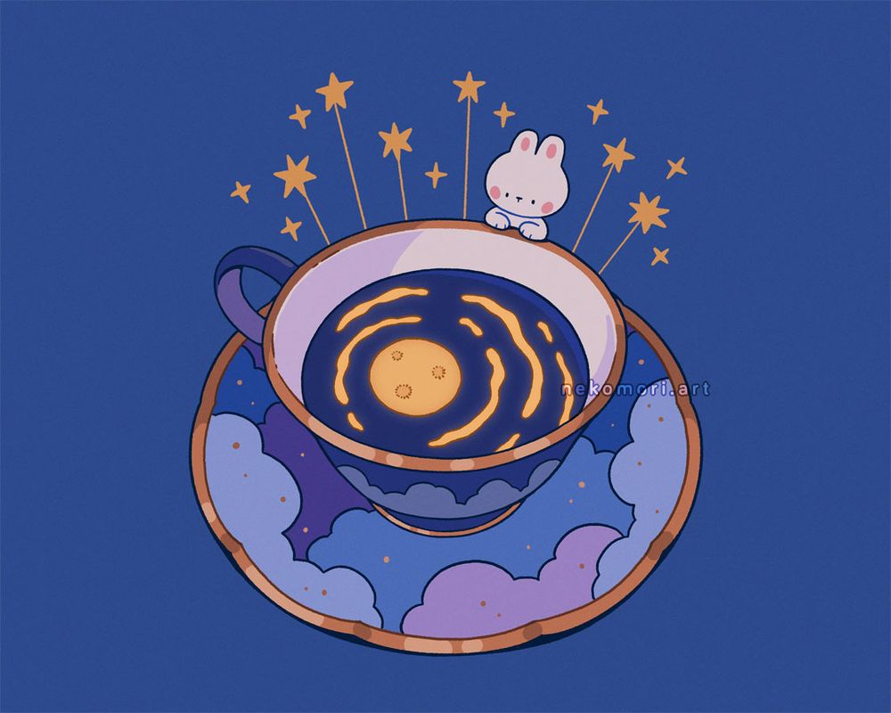 Illustration depicting a bunny peering into a teacup that's filled with dark-colored liquid. A glowing orb, resembling the moon, is submerged in the cup. The teacup is decorated with clouds and stars and a gold trim.