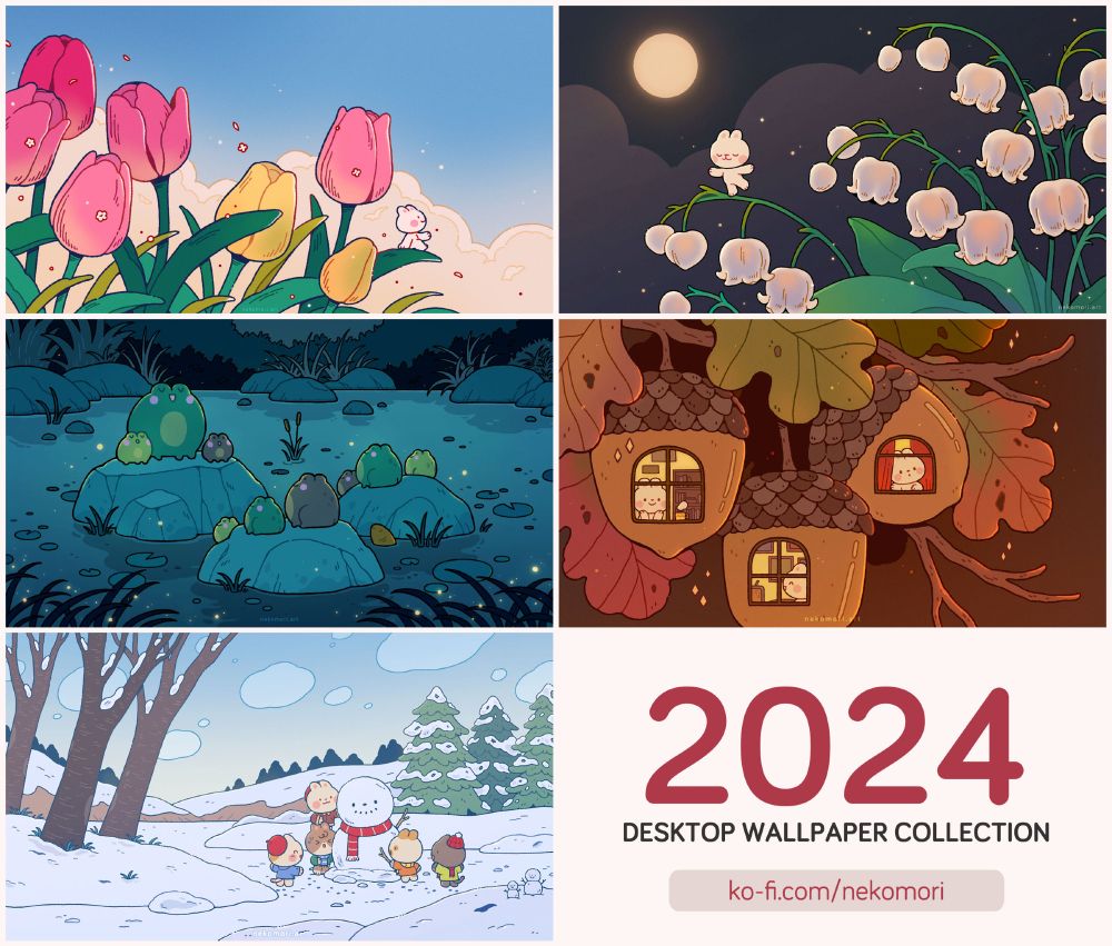 A collage of five desktop wallpapers that I made this year. They were released every other month and the themes correlate to the season. Link on image: ko-fi.com/nekomori