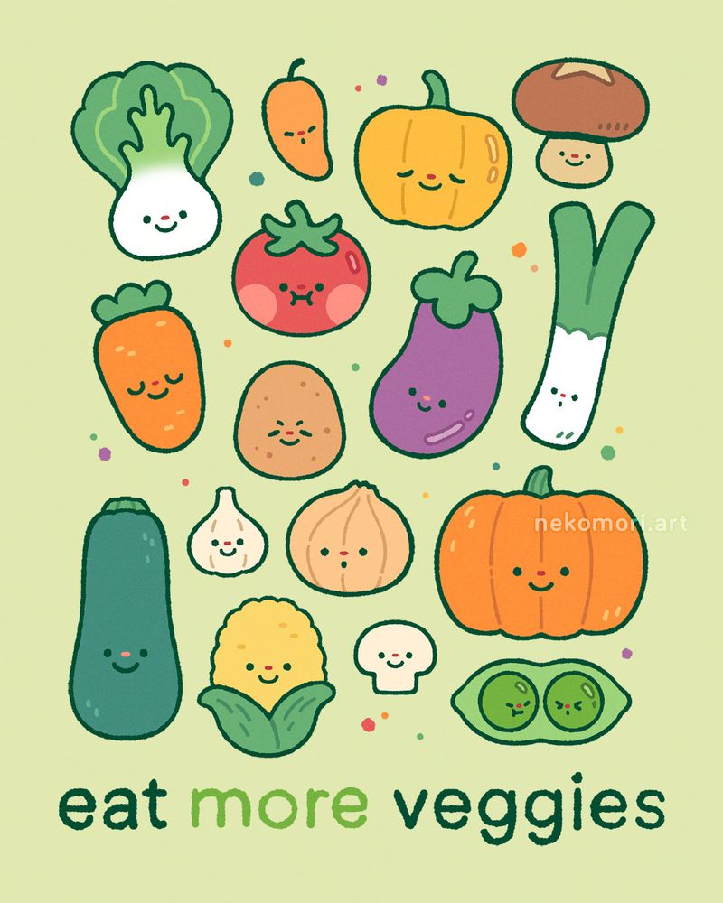 Poster-style illustration depicting various vegetables with little smiley faces, arranged loosely in a grid. The text on the bottom says: eat more veggies.