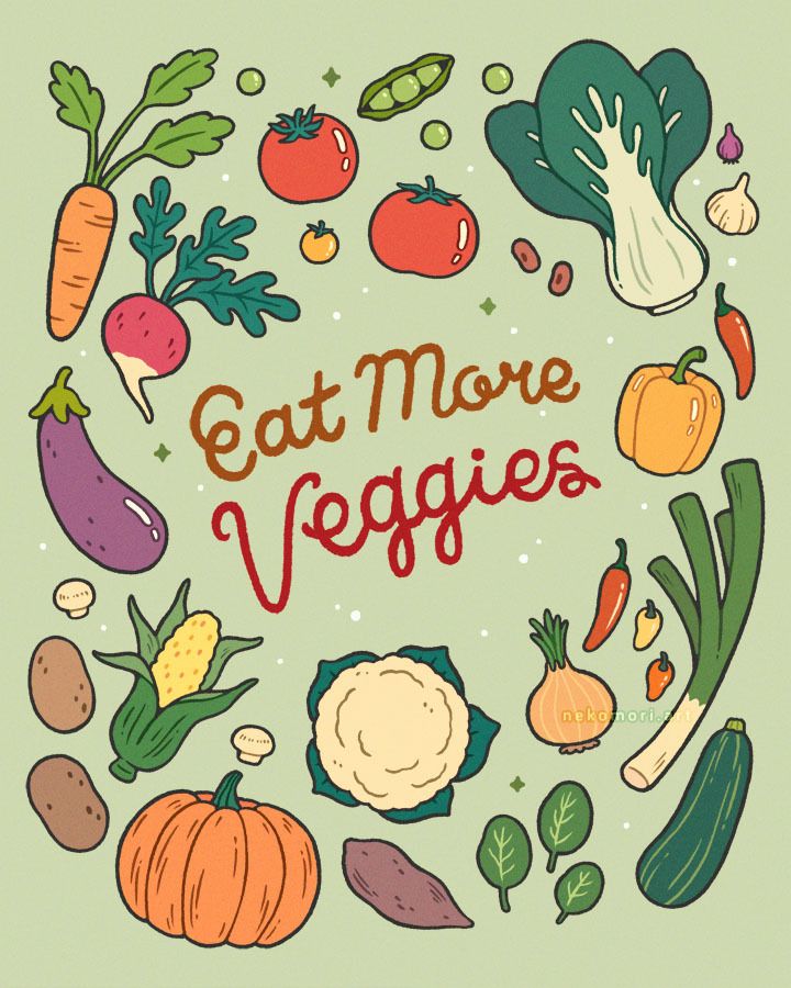 Poster-style illustration depicting all sorts of vegetables arranged loosely around the words "Eat More Veggies".
