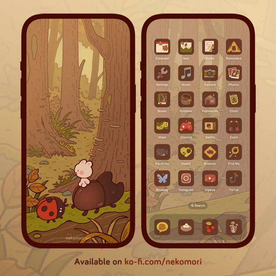 Mock up of a phone wallpaper pack titled "Into the Forest". The Lock screen depicts a tiny bunny riding on the back of a stag beetle as they tread on a mossy log in the middle of a forest. A ladybug follows them. The bunny is smiling while looking at the surrounding trees and brushes. The Home screen shows various app icons designed around the autumn forest theme.
