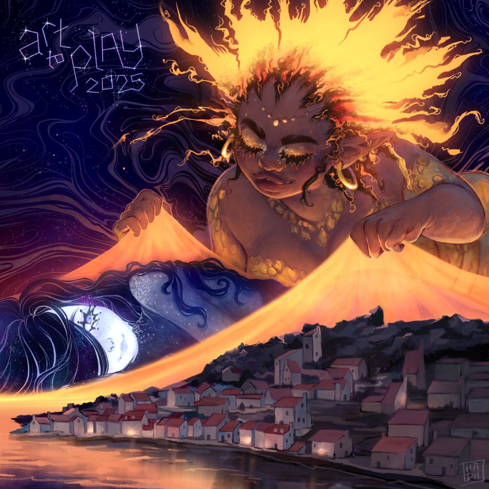A digital illustration featuring a 2 giant women over a city next to the sea, at dawn. One represents the sun and tuck the other one - the moon - to bed in her sun-lighted sheets.
