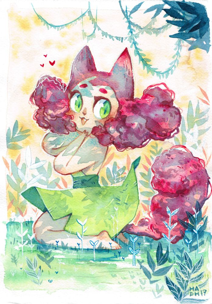 A watercolor picture of my OC HadH, who is a pink haired catgirl with fluffy tail and hair.  She wears a green dress and in this picture, she's sitting on her kneels on the grass, surrounded by vegetation. Her body is facing left but she's turning her head in our direction, touching the bottom part of her face with her tiny hands.