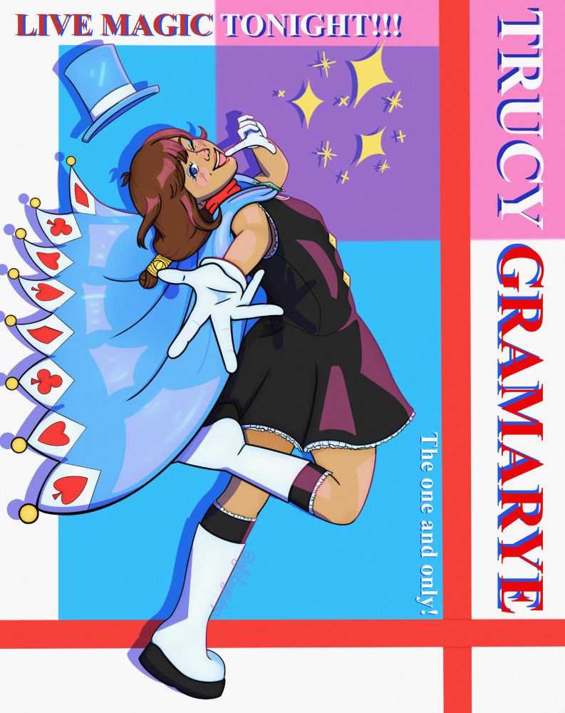 Trucy Wright from Ace Attorney is standing on one foot, leaning back, and reaching out towards the viewer. Her other door is kicked up, and her other hand is using one finger to touch her cheek. She has a wide open grin and is winking. Her cape is splayed out, slightly covering her lifted foot. There are added ruffle details to the end of her dress and socks. Trucy's hat has flown off above her head. The background is white with a light blue rectangle behind Trucy, and a pink square in the top right corner, overlapping with the blue creating a purple square. There are two red lines that intercept, one vertical on the right, and one horizontal near the bottom. In the purple square there are some yellow sparkles and stars above Trucy. The text at top reads, "Live Magic Tonight!!!" And the text along the right reads, "Trucy Gramarye, the one and only!"