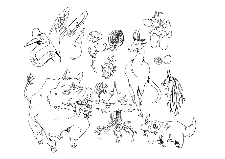 A collection of made up flora and fauna. Top left corner has a crane-like bird, bottom left is a big boar, bottom right as a lizard with a big head and a horn, and close to the right top corner is a horned deer like creature with a lobg tail. Flowers and strange fruits fill put the space inbetween animals.