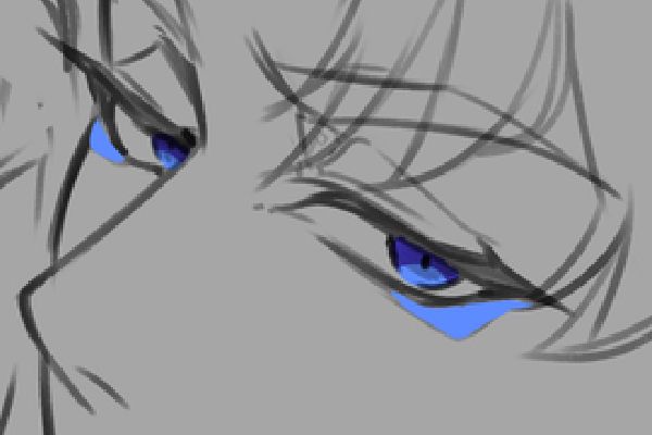 a cropped sketch of a pair of blue eyes looking directly at the viewer. there is also a similar blue colour marking below the lower lashes in an eye-wing kind of shape.