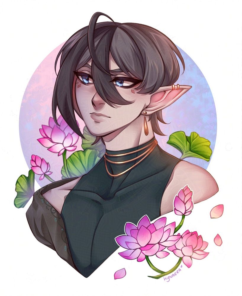 Portrait of a pale skin elf boy looking to the left with an annoyed expression. He has two-toned brown hair and blue eyes, dressed in dark-clothes and some golden jewellery. He has lotus flowers around him.