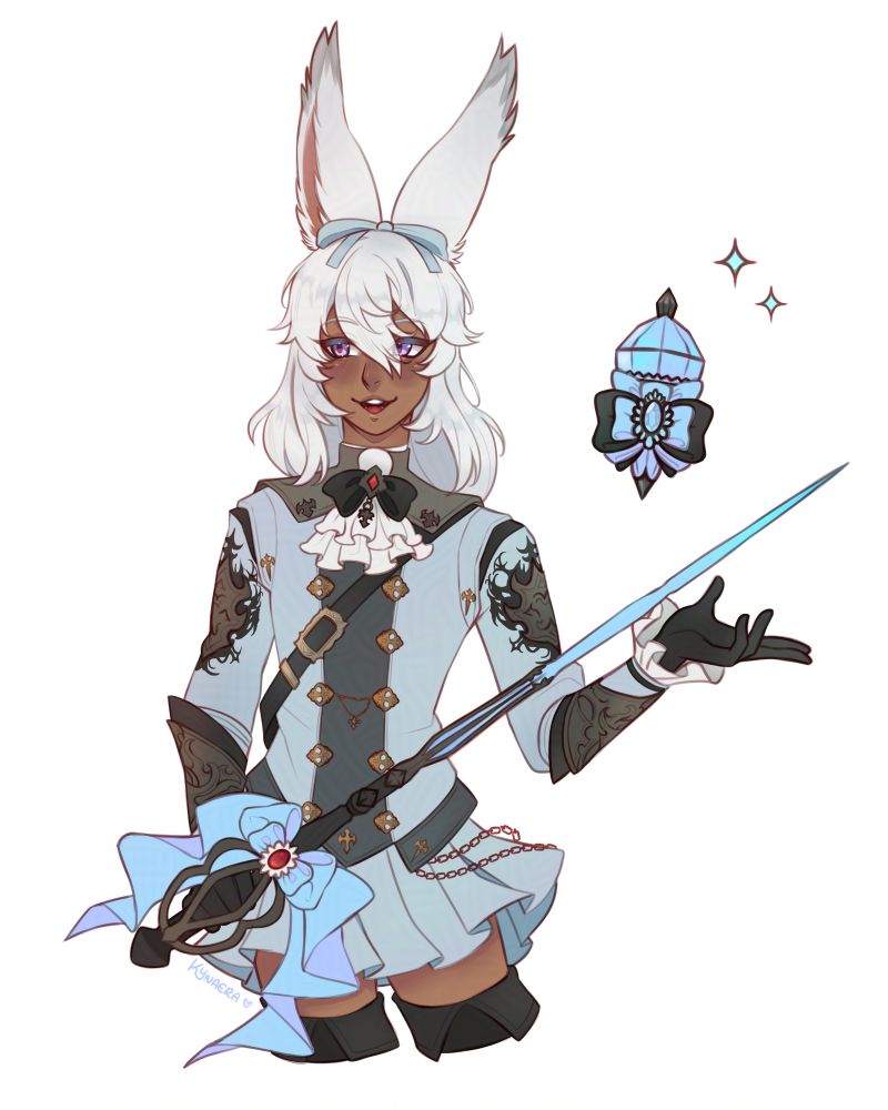 A flat colour sketch of a white-haired, purple-eyed viera oc (rabbit kemonomimi, ffxiv) wearing a light blue top and skirt with gold and off-gold embellishments. The top part is high neck with a ruffled cravat and bow. He is branding a black and blue rapier with a ruffled blue bow on the handle.