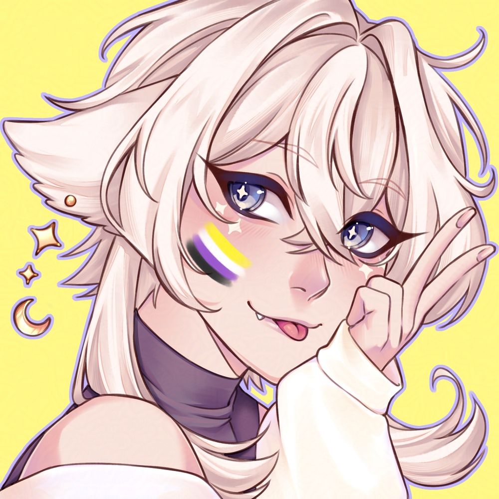 A 3/4 view portrait crop of a pale, cream-haired dog/fox kemonomimi character. They are faced to the right, looking with their purple eyes to the left and smirking at the viewer with their tongue poking out playfully. A sleeved hand is resting under their cheek with two fingers pointed out in a backwards peace sign manner. They have the non-binary flag colours painted on a patch on their cheek. The background is yellow.