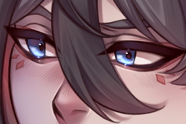 a cropped illustration of a pair of pale blue eyes with splotches of brown looking to the left.