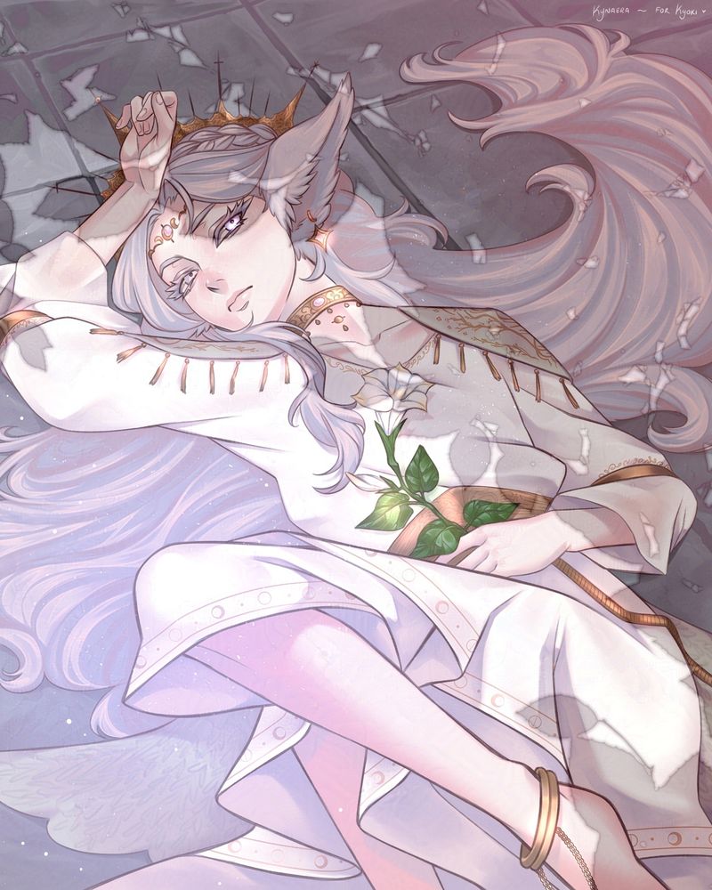 An illustration of Kyoki's oc Melinoë lying down on tiled flooring, the shade of a tree branch partially covering his body. Moonlight is illuminating the rest.

He has long grey hair which is splayed to each side, and long fluffy ears, wearing a white dress, golden belt, crown and jewellery. He holds a moon flower on his stomach, his other hand rests above his head. He looks at the viewer with a vacant expression.