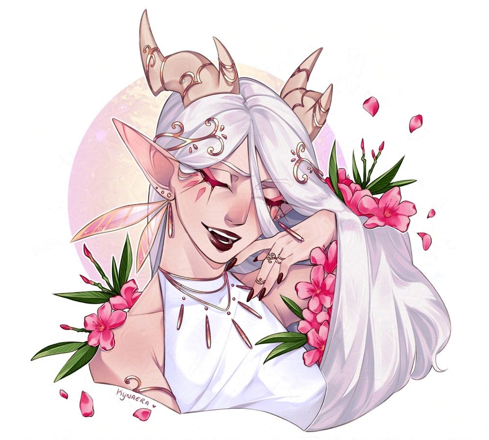 Bust illustration of a pale-skinned feminine elf with dragon horns. They have long white hair, some is draped over their hand, which is held up so her fingers elegantly caress the side of her face. 
She has her eyes closed and wears a sinister grin on her face, dark red lipstick decorating her lips.
They wear a white sleeveless top and various golden jewellery pieces, including rings, earrings, circlet and horn decorations.
Surrounding her also are deep pink Oleander flowers and leaves.
