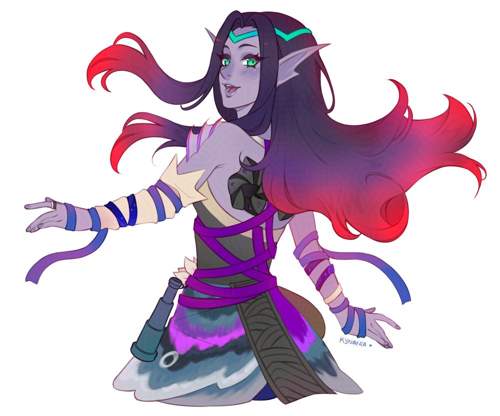 Flat coloured sketch of a water genasi themed in astral sea attire. She has wavy purple hair which fades into red at the tips, light purple skin and green eyes. She is posed with her back to the viewer, arms out at either side and hair swishing as if she was turning around or dancing. A big friendly smile is on her face.