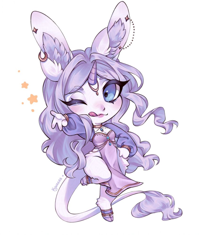A purple unicorn kemonomimi is posing with a leg up and upside down peace sign, winking with her tongue sticking out.