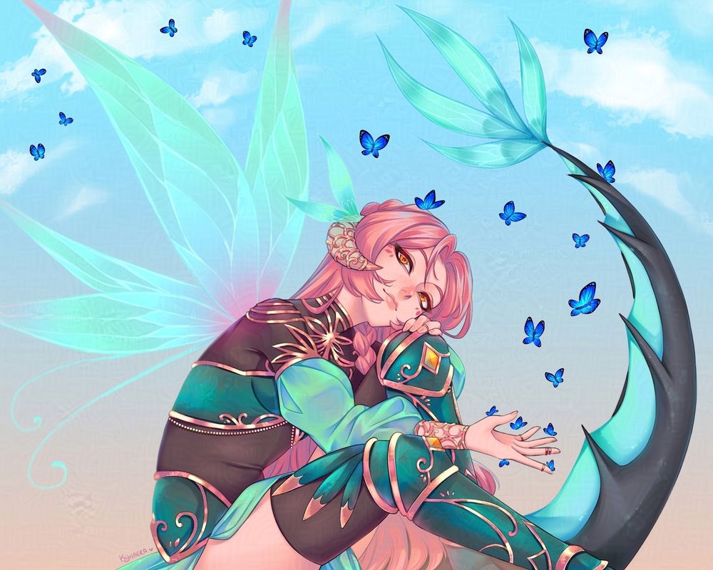 Illustration of my original character Iris. She has long pink hair and amber eyes, wearing teal and rose gold armour, with a brown sheen material underneath.

She is hunched forward with one hand on her knee, resting her head on it, wistfully looking up at the sky where blue butterflies are flying around her. Her other hand is stretched in front of her, some smaller butterflies are resting on her fingers.

She has a huge finned tail which curls out in front of her, and delicate fairy wings behind her back.

The sky is a light daytime blue with soft white clouds that fades into a soft orange at the bottom.