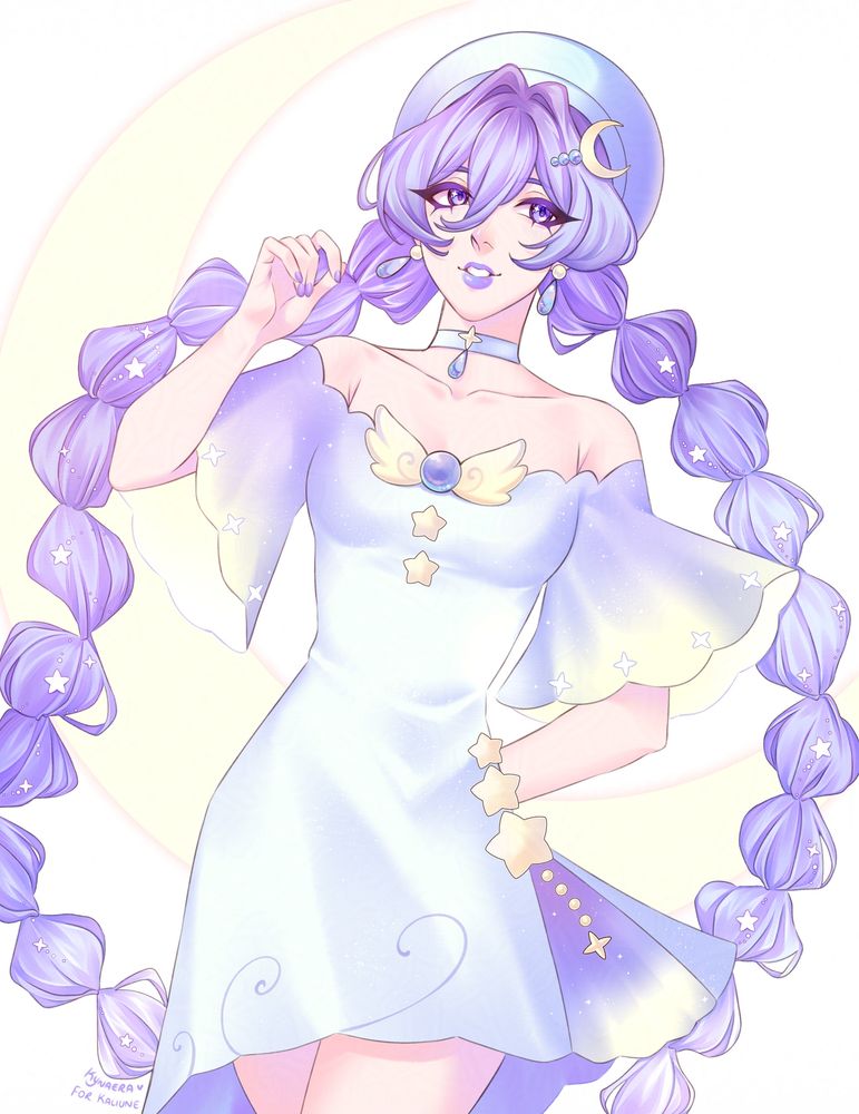 A thigh up coloured illustration of a pale, purple-haired woman wearing a flowy white dress and beret. She has stars, sparkles and a moon motif across her outfit and is very pastel in palette. Her long hair is tied in two chunky braids which curl around the outside of her. 

She is in a standing pose, looking off to the right, smiling with gentle purple eyes. One hand is raised up daintly up towards her face, the other hand is tucked loosely behind her back. Her thighs are slightly crossed from what can be seen. 

There is a giant yellow crecent moon behind her and the background is white.

The text at the bottom reads: Kynaera For Kaliune