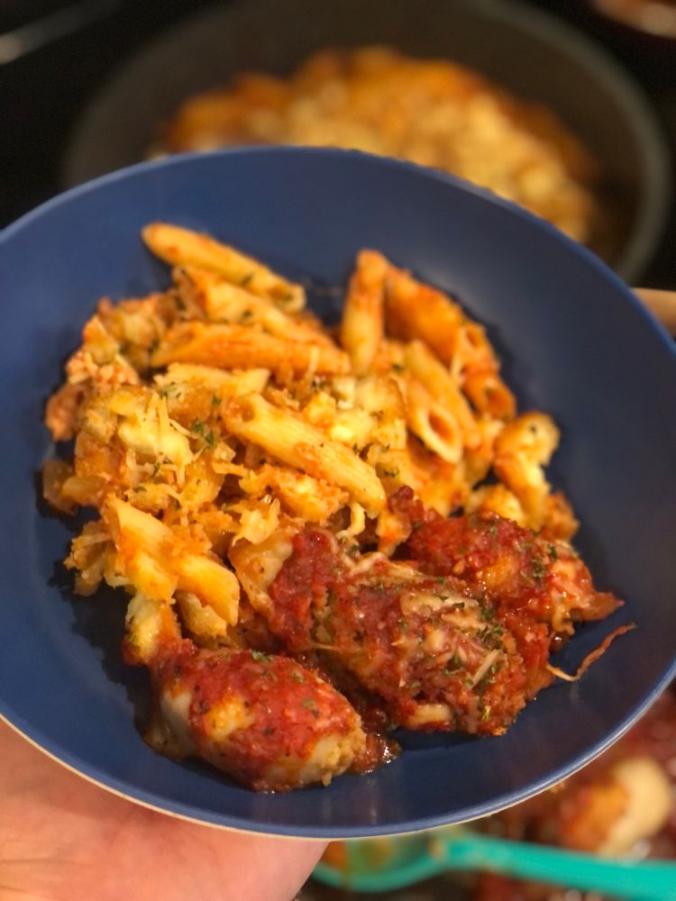 Plated calamari and ziti. 