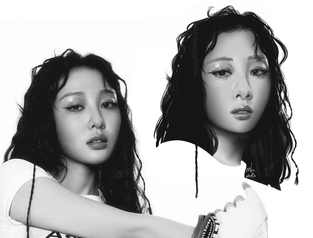A grayscale digital art study of Yves from Loona with the reference image to the left. She is looking at the camera with a neutral expression and has wavy hair.